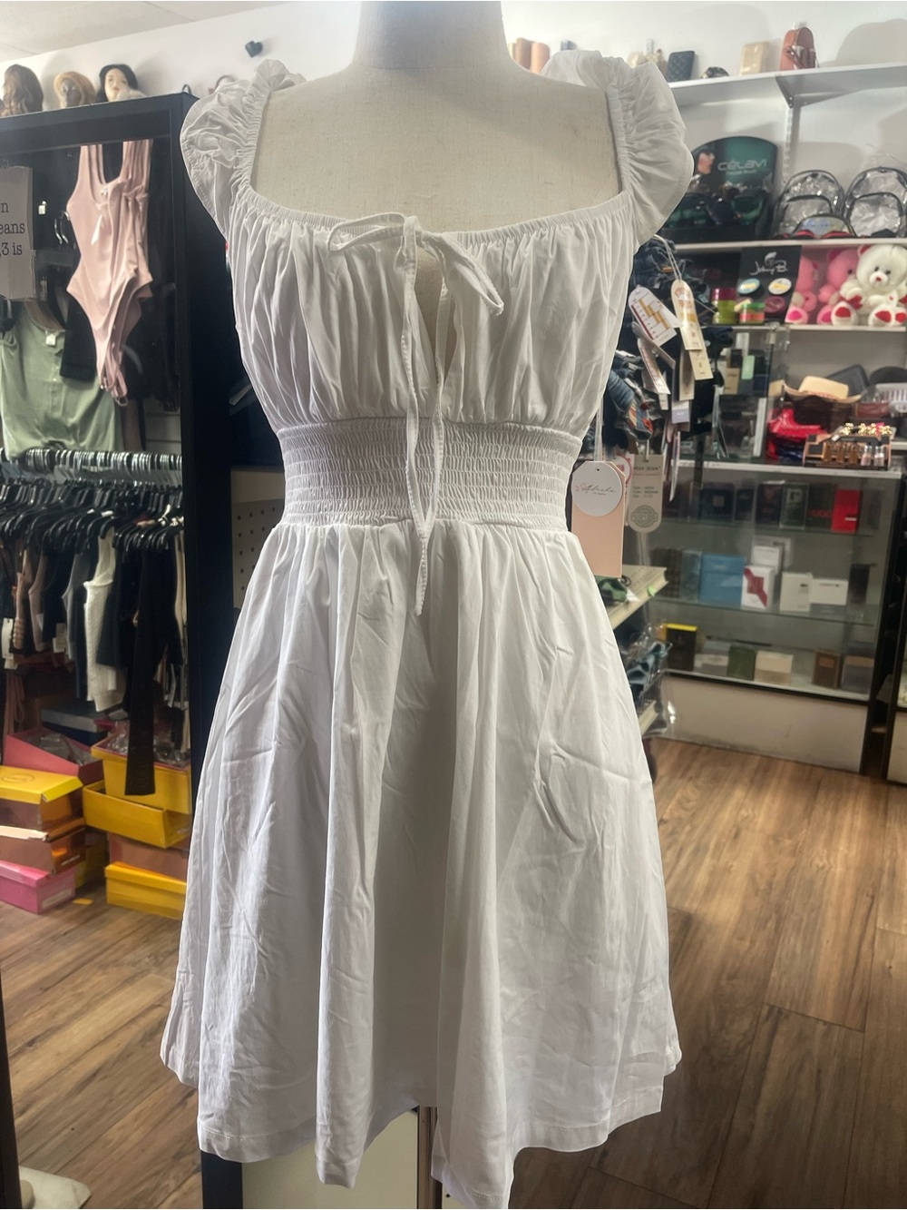 White Smocked Waist Puff Sleeve Dress